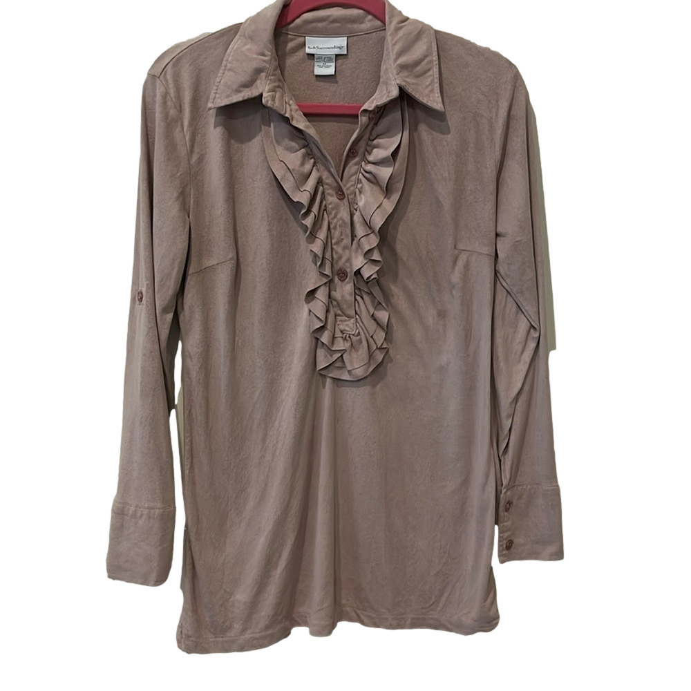 Soft Surroundings dusty rose ruffled blouse, medium 🔵